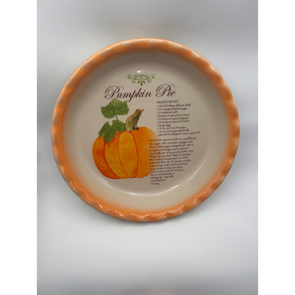 Vintage Pumpkin Pie Recipe Ceramic Pie Plate Scalloped Orange Rim 10 Inch